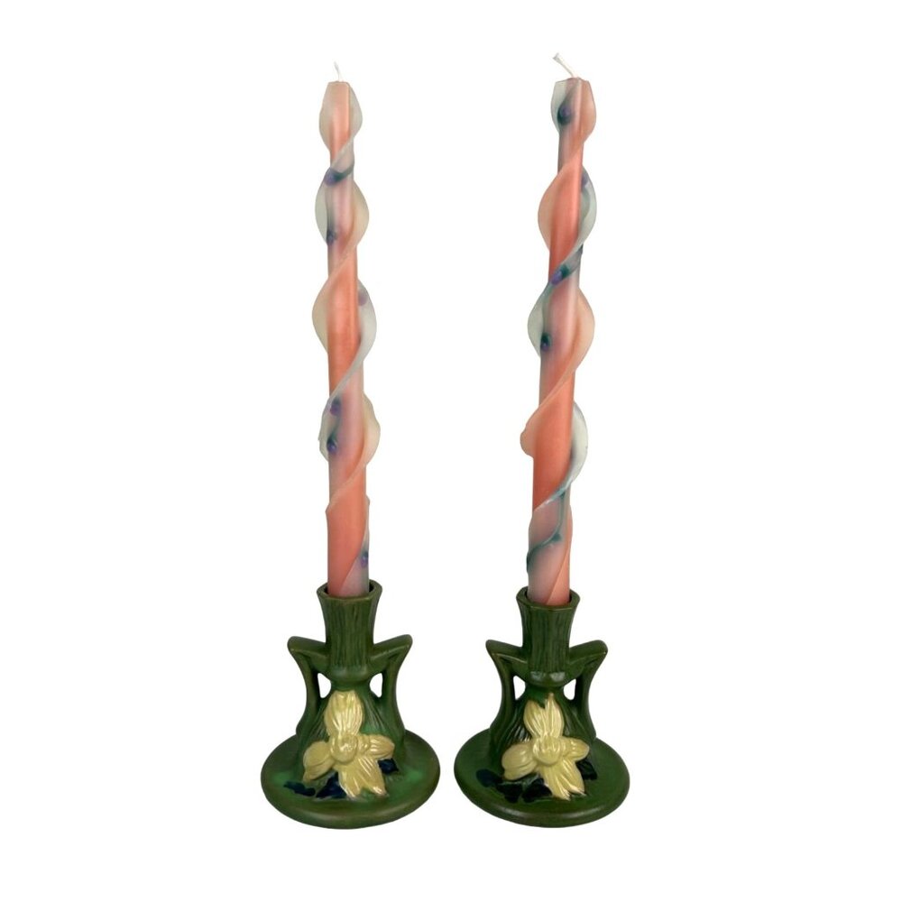 Set of 2 Vintage Roseville Taper Candle Holders Green Yellow Flower Twist Home